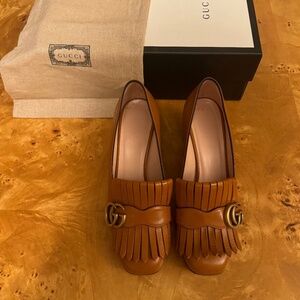 Gucci GG Kiltie Fringe Pump (Women), 7US / 37EU, COGNAC LEATHER